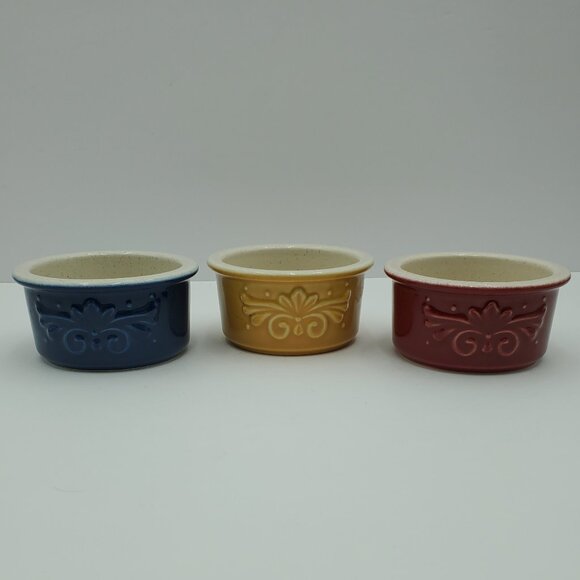 Pfaltzgraff Weir In Your Kitchen Chicory Cayenne Fennel Ramekins Blue Red Gold - Picture 1 of 8